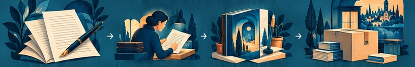Dosya başvurusu, editörlük, kitap tasarımı ve kargo paketinin katmanlı kâğıt illüstrasyonları